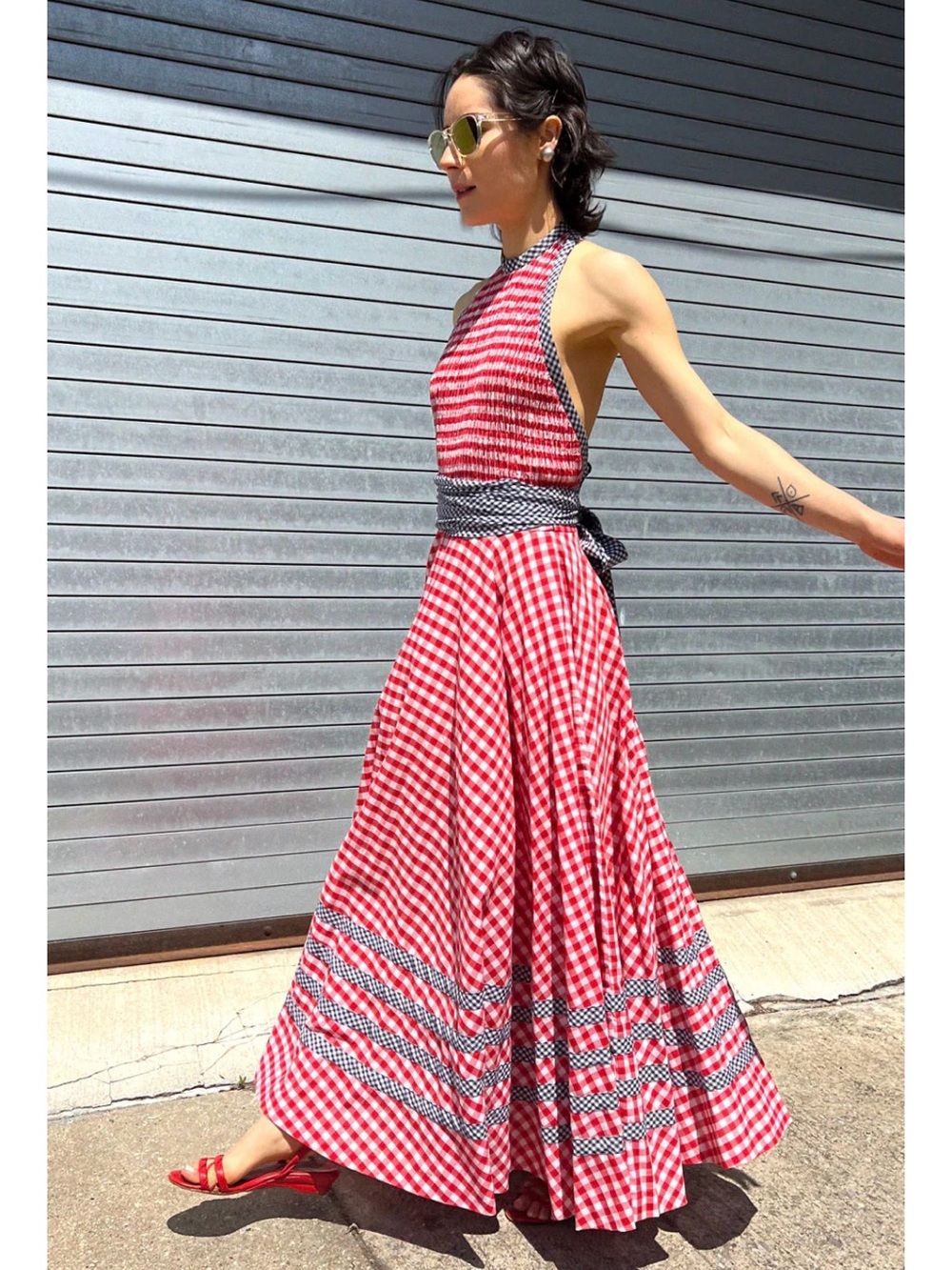 Vintage 70s Jane Justin Gingham Halter Maxi Dress Size 9